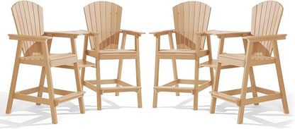 PASAMIC Tall Adirondack Chairs Set of 4, All-Weather HDPE Patio Chairs with Double Connecting Trays, Bar Height Heavy-Duty Outdoor Chairs for Garden, Backyard, Balcony, Wood