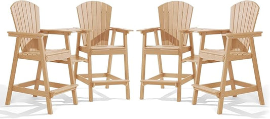 PASAMIC Tall Adirondack Chairs Set of 4, All-Weather HDPE Patio Chairs with Double Connecting Trays, Bar Height Heavy-Duty Outdoor Chairs for Garden, Backyard, Balcony, Wood