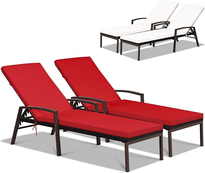 Tangkula 2 PCS Patio Rattan Chaise Lounge Chair, Outdoor Reclining Chaise with Cushion and Armrest, Wicker Sun Lounger with Adjustable Backrest for Garden, Balcony