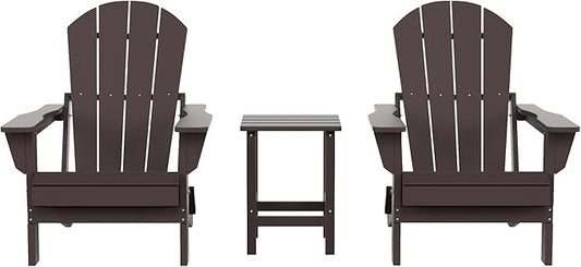 Costaelm 3 piece Patio Set, Outdoor Modern Adirondack Table and Chairs, All Weather Balcony Furniture Set Lounge Firepit Chairs for Outside Deck Garden Lawn Pool, Dark Brown