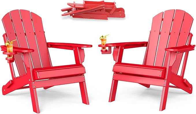 BRIOPAWS Folding-Adirondack-Chairs Set of 2 | HDPE | Fire Pit Chair | Cup Holder | Weather Resistance | Red | for Outdoor Backyard Deck Patio