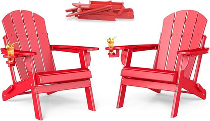 BRIOPAWS Folding-Adirondack-Chairs Set of 2 | HDPE | Fire Pit Chair | Cup Holder | Weather Resistance | Red | for Outdoor Backyard Deck Patio