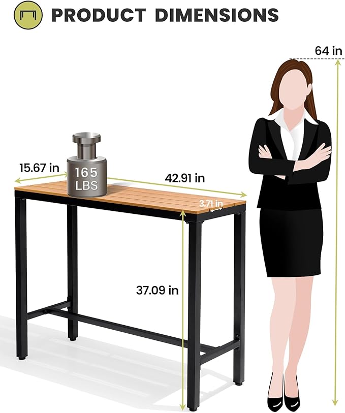 Crestlive Products Outdoor Bar Table, 43'' Rectangle Patio Counter Height Table High Pub Table with Waterproof Top and Sturdy Metal Frame for Balcony, Bistro, Garden, Backyard, Hot Tub(Brown)