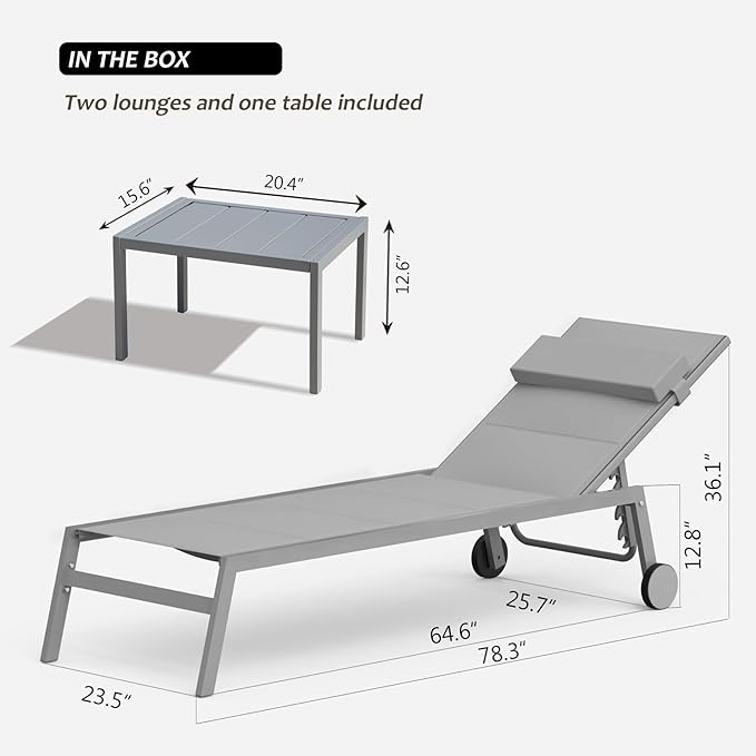 Domi Patio Chaise Lounge Set of 2 with Side Table, Adjustable Full Aluminum Pool Lounge for Outside with Wheels - Photo 7