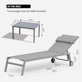 Domi Patio Chaise Lounge Set of 2 with Side Table, Adjustable Full Aluminum Pool Lounge for Outside with Wheels - Photo 7