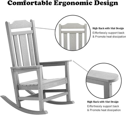 Outdoor Rocking Chairs Set of 2, HIPS All-Weather Resistant Patio Rocker Chair for Adults, Easy Assembly for Porch, Backyard, Lawn, Garden (Grey)