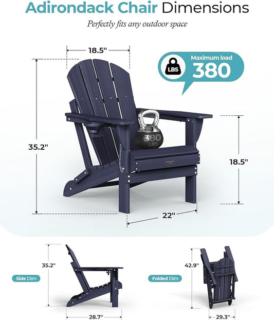 Ciokea Folding Adirondack Chair Wood Texture, Patio Adirondack Chair Weather Resistant, Plastic Fire Pit Chair with Cup Holder, Lawn Chair for Outdoor Porch Garden Backyard Deck, Dary Navy Blue