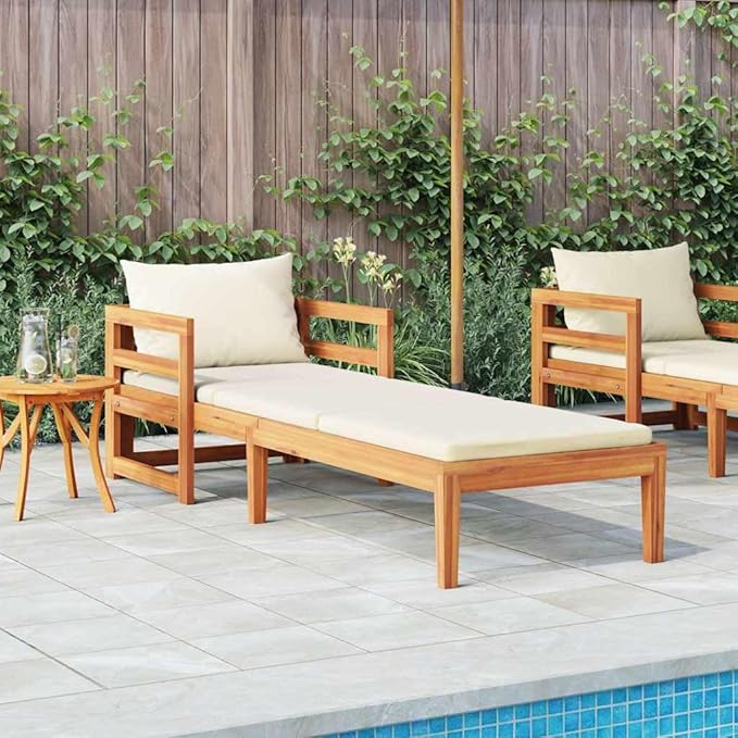 Acacia Wood Sun Lounger with Cushions, Patio Outdoor Chaise Lounge Chair for Poolside Garden Backyard - Photo 1