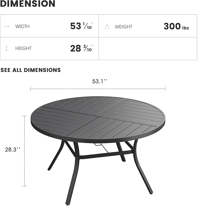 Patio Dining Table for 6-8, Round Metal Outdoor Table with Storage Shelf, 1.57" Umbrella Hole, 53" Outdoor Quartered Tabletop Dining Table for Backyard, Porch, Lawn, Black