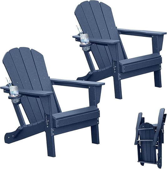 GOWE Adirondack Chairs Set of 2, Plastic Adirondack Chair, Adirondack Chairs, HDPE Adirondack Chair, Folding Adirondack Chairs, Outdoor Chairs with Cup Holder for Lawn Patio Deck Fire Pit -Dark Blue