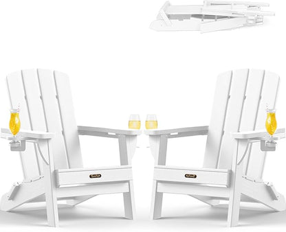 Folding Adirondack Chair 2 Pack, HDPE All-Weather Fire Pit Chairs, Plastic Adirondack Chairs with 2 Cup Holder, Outdoor Lawn Chair for Patio Garden (White)