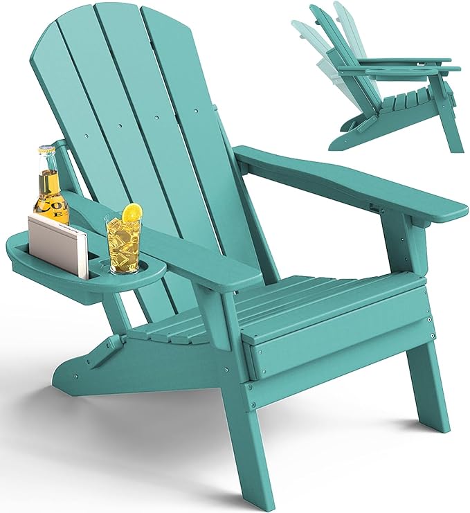 Adjustable Adirondack Chair with Cup Holder, All Weather HDPE Fire Pit Chairs for Deck, Backyard, Patio, Lake Blue