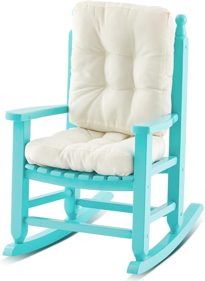 Kids Rocking Chair Cushion Pad Set Toddler Rocking Chair Indoor Outdoor Wooden Rocker Child Patio Rocker for Porch Balcony Lawn Indoor Outdoor(Blue,Ages 2-5)