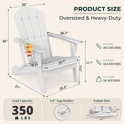 BRIOPAWS Folding-Adirondack-Chair | HDPE Plastic | Fire Pit Chairs | Cup Holder | Curved Back | All Weather | for Outdoor Backyard Deck Patio | White