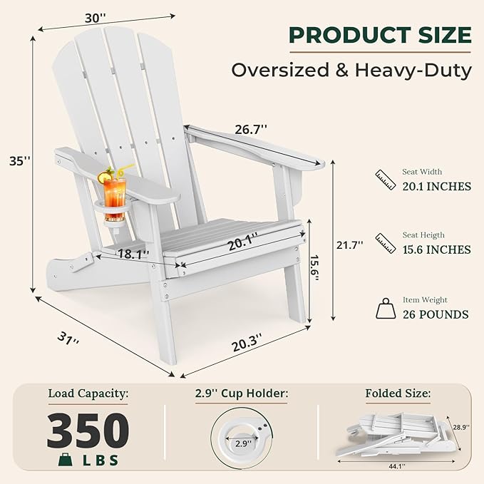 BRIOPAWS Folding-Adirondack-Chairs Set of 6 | HDPE Plastic | Fire Pit Chair | Cup Holder | Curved Back | All Weather | for Outdoor Backyard Deck Patio | White