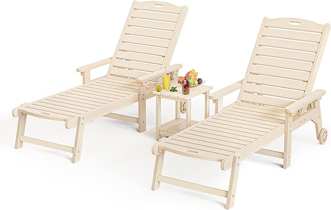 LUE BONA HDPS Chaise Lounge Chairs Set with Table, 3-Piece, Outdoor Pool Lounge Chair with Adjustable Backrest, Resin Patio Lounge Chairs with Wheels for Outside, Poolside, Sand