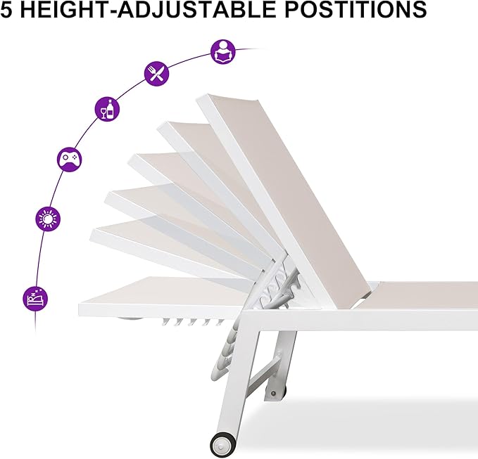 PURPLE LEAF Oversize Chaise Lounge Chair Outdoor 2 Pieces White Aluminum Lounge Chair with Wheels and Table for Pool Deck Patio, Linen