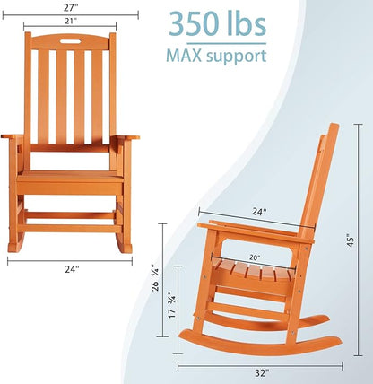 Psilvam Oversized Outdoor Rocking Chair Set of 2, Porch Rocker with 21" Wide Seat and 32" Tall Backrest, Pre-Assembled with Most Components for Effortless Installation (Orange)