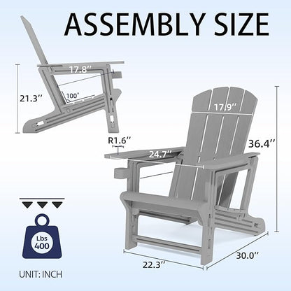 Adirondack Chair, Plastic Outdoor Weather Resistant Lawn Furniture, Patio with Cup Holder Without Screws Install, 400 LBS Capacity Recliner Chair Garden Chair for Backyard Beach, Grey