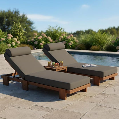 Merax 2 Piece 78.8'' Outdoor Patio Chaise Lounge Chair, Acacia Wood Adjustable Recliner with Headrest and Retractable Side Tray, Perfect for Terrace, Poolside, Garden, and Beach, Dark Gray