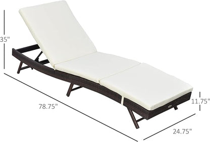Outsunny Patio Chaise Lounge, Pool Chair with 5 Position Adjustable Backrest & Cushion, Outdoor PE Rattan Wicker Sun Tanning Seat, 78.75" x 24.75" x 35", Brown