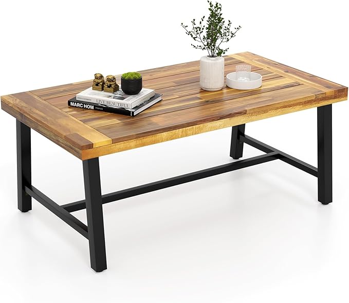 Tangkula Outdoor Acacia Wood Coffee Table, Rectangle Rustic Accent Table with Thickened Top & Heavy-Duty Metal Legs - Photo 1