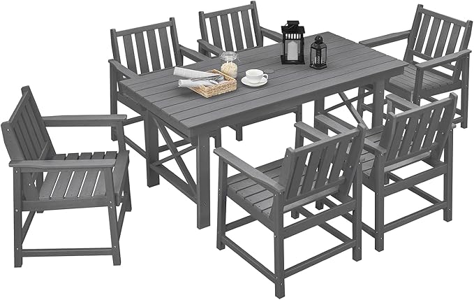 7 Pieces HDPE Outdoor Dining Set, Patio Dining Set with Umbrella Hole, All Weather Outdoor Dining Table Sets for 6 - Photo 1