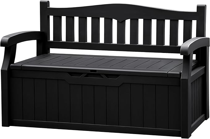 JUMMICO 80 Gallon Resin Outdoor Storage Bench, Large Deck Box with Armrest, Lockable&Waterproof for Garden, Home, Patio, Pools (Black, 80 Gallon)