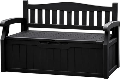 JUMMICO 80 Gallon Resin Outdoor Storage Bench, Large Deck Box with Armrest, Lockable&Waterproof for Garden, Home, Patio, Pools (Black, 80 Gallon)