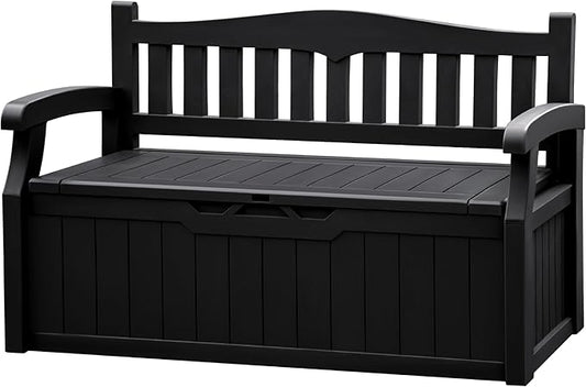 JUMMICO 80 Gallon Resin Outdoor Storage Bench, Large Deck Box with Armrest, Lockable&Waterproof for Garden, Home, Patio, Pools (Black, 80 Gallon)