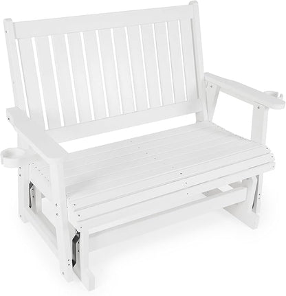 HIPS Patio Glider with Cup Holders, Durable Poly Lumber Material, All-Weather Resistant, High Backrest and Deep Contoured Seat, Heavy Duty 900 LB, for Outdoor, Porch, Patio (White, 2-Seat)