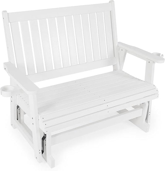 HIPS Patio Glider with Cup Holders, Durable Poly Lumber Material, All-Weather Resistant, High Backrest and Deep Contoured Seat, Heavy Duty 900 LB, for Outdoor, Porch, Patio (White, 2-Seat)