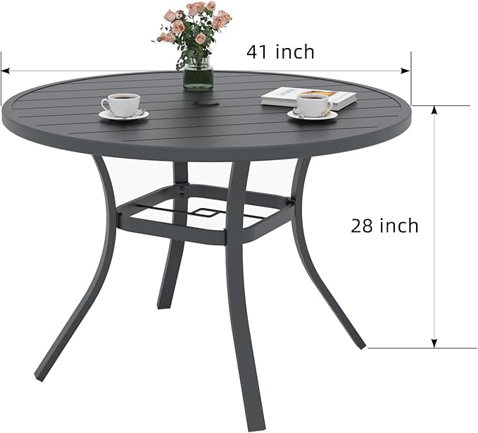 Round Outdoor Dining Table, 41-inch All-Weather Patio Table with Adjustable Umbrella Hole for Deck Lawn Garden Backyard Balcony Deck, Black Metal Frame Slatted Tabletop