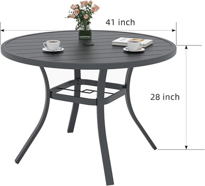 Round Outdoor Dining Table, 41-inch All-Weather Patio Table with Adjustable Umbrella Hole for Deck Lawn Garden Backyard Balcony Deck, Black Metal Frame Slatted Tabletop