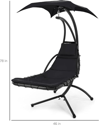 Best Choice Products Outdoor Hanging Curved Steel Chaise Lounge Chair Swing w/Built-in Pillow and Removable Canopy - Black