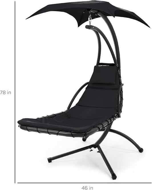 Best Choice Products Outdoor Hanging Curved Steel Chaise Lounge Chair Swing w/Built-in Pillow and Removable Canopy - Black