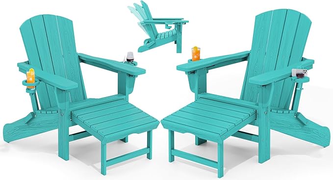 KINGYES Adjustable Folding Adirondack Chairs with Footrest & 2 Cup Holders Set of 2, HDPE Recliner Adirondack Chair with Ottoman, Aruba