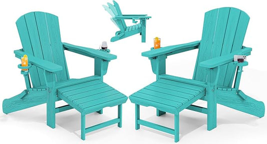 KINGYES Adjustable Folding Adirondack Chairs with Footrest & 2 Cup Holders Set of 2, HDPE Recliner Adirondack Chair with Ottoman, Aruba