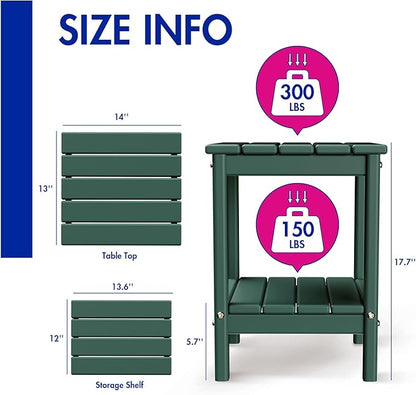 BRIOPAWS Outdoor-Side-Table | Small | HDPE Plastic | Patio End-Table | 2-Shelf Adirondack Outside Tables | All Weather | for Poolside Front Porch Indoor Living Room | 14" x 13" | Forest