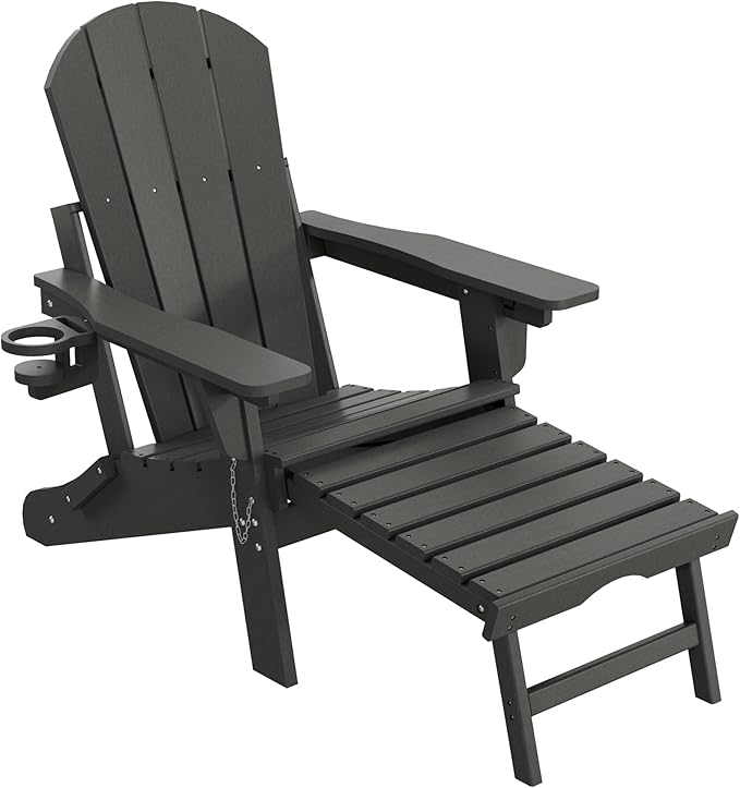 WestinTrends Malibu Folding Adjustable Adirondack Chair with Retractable Ottoman and Cup Holder (Set of 2), Gray - Photo 7