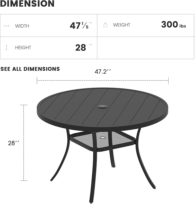 Patio Dining Table for 4-6, Round Metal Outdoor Table with 1.57" Umbrella Hole, 47" Outdoor Slat Tabletop Dining Table for Backyard, Porch, Lawn, Black