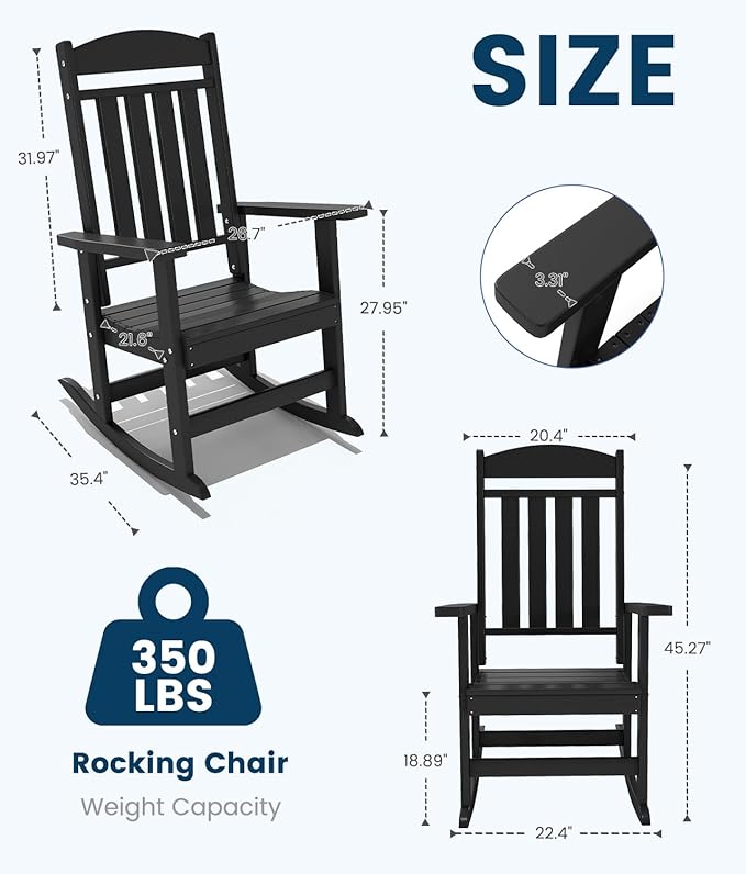 FOOWIN Outdoor Rocking Chair Set of 2, High Back Patio Rocking Chair, HDPE All Weather Resistant Porch Rocker for Adult, Oversized Rocking Chairs for Garden, Lawn, Indoor & Outdoor Use, Black