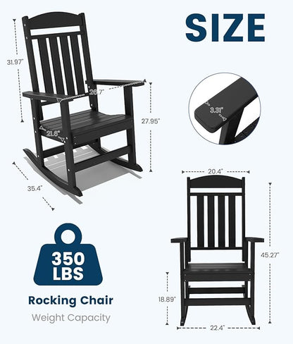 FOOWIN Outdoor Rocking Chair Set of 2, High Back Patio Rocking Chair, HDPE All Weather Resistant Porch Rocker for Adult, Oversized Rocking Chairs for Garden, Lawn, Indoor & Outdoor Use, Black
