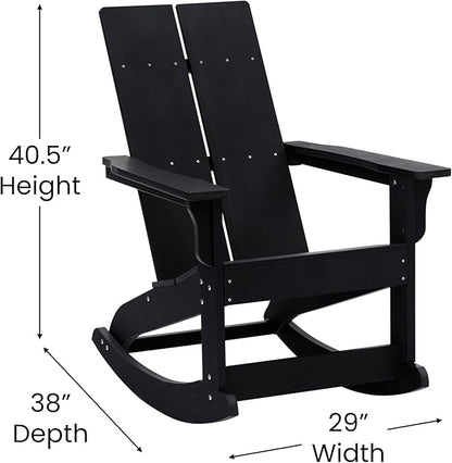 Flash Furniture Set of 4 Finn Modern Commercial Grade Adirondack Rocking Chairs - All-Weather Black Poly Resin Wood - Matching Side Table