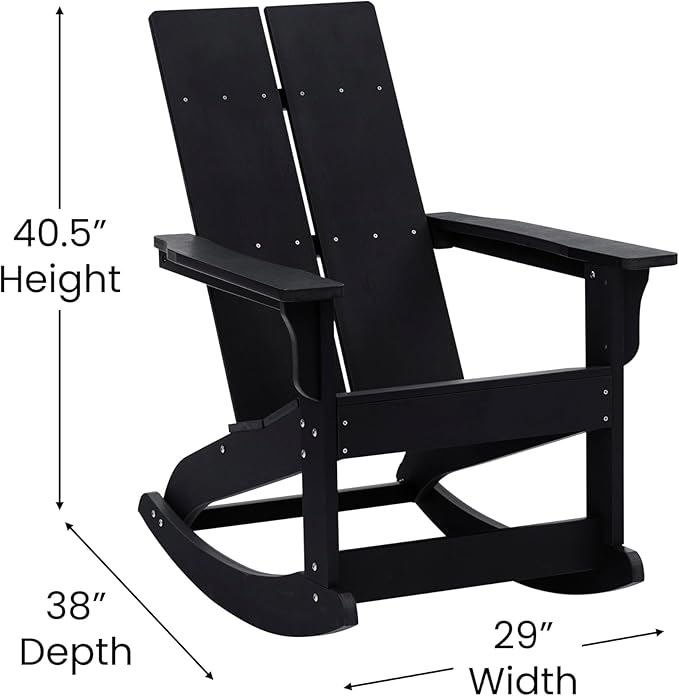 Flash Furniture Set of 2 Finn Modern Commercial Grade Adirondack Rocking Chairs - All-Weather Black Poly Resin Wood - Photo 3