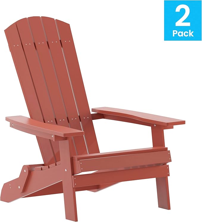 Flash Furniture Charlestown Folding Adirondack Chair - Red - Poly Resin - Indoor/Outdoor - Weather Resistant - Set of 4