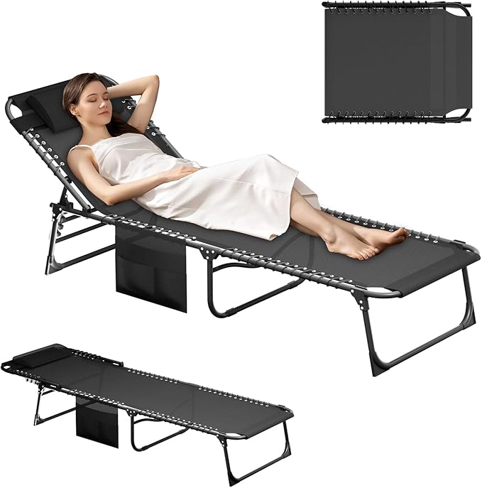 EBE Outdoor Lounge Chair Set of 2, Portable Patio Sun Tanning Chair with 4-Position Reclining Back, Pool Chaise Lounge Chair with Detachable Pillow and Side Pocket for Beach, Poolside, Black