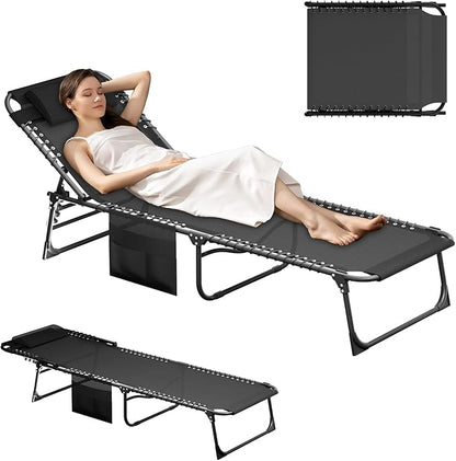 EBE Outdoor Lounge Chair Set of 2, Portable Patio Sun Tanning Chair with 4-Position Reclining Back, Pool Chaise Lounge Chair with Detachable Pillow and Side Pocket for Beach, Poolside, Black