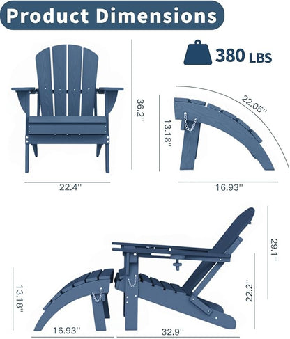 Adirondack Chair with Footrest,Folding Adirondack Chair with Retractable Ottoman,HDPE All Weather Fire Pit Chair with Cup Holder,2-Piece (Navy Blue, 1 Chair &1 footrest)