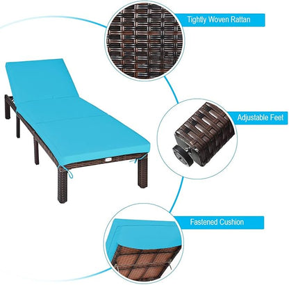 Tangkula Rattan Wicker Chaise Lounge Chair, Outdoor Patio Lounger Recliner Chair w/Adjustable Backrest, Heavy-Duty Reclining Chair Sunbed w/Thick Zippered Cushion for Garden Yard Patio (1, Turquoise)